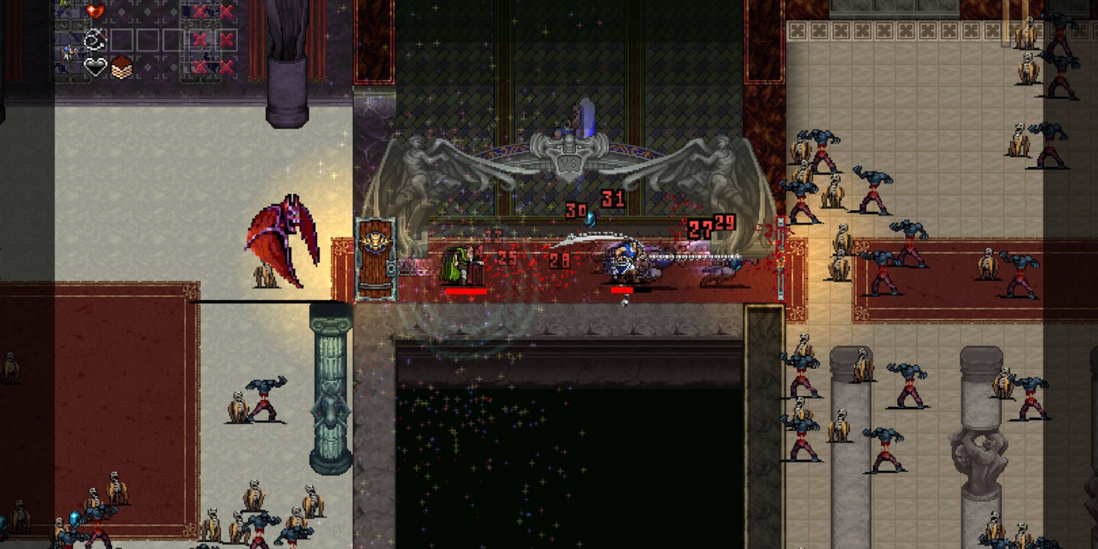 Vampire Survivors Ode to Castlevania bosses - Poe Ratcho and Richter Belmont team up to fight zombies as a giant bat chase them.