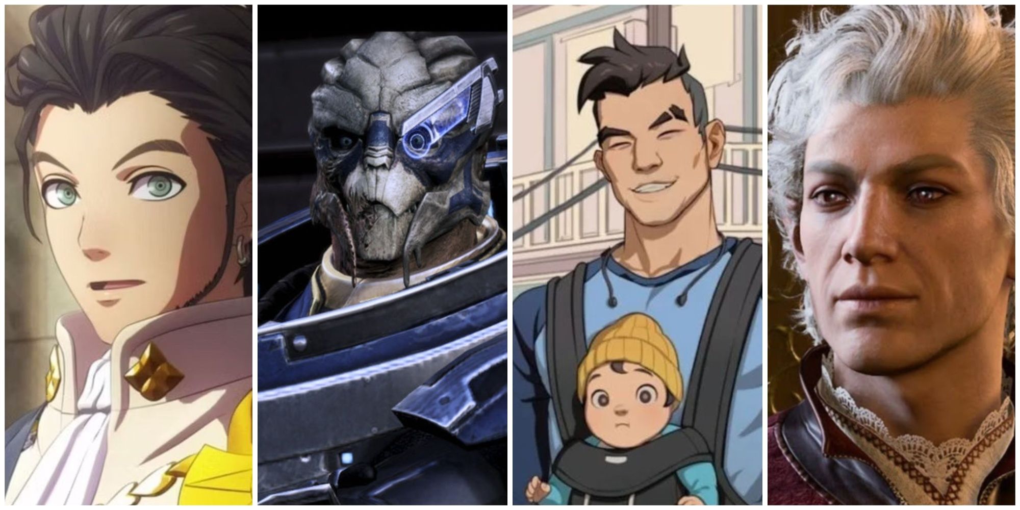 A collage of romanceable male characters in video games, including Claude from Fire Emblem Three Houses, Garrus from the Mass Effect series, Craig from Dream Daddy and Astarion from Baldur's Gate 3