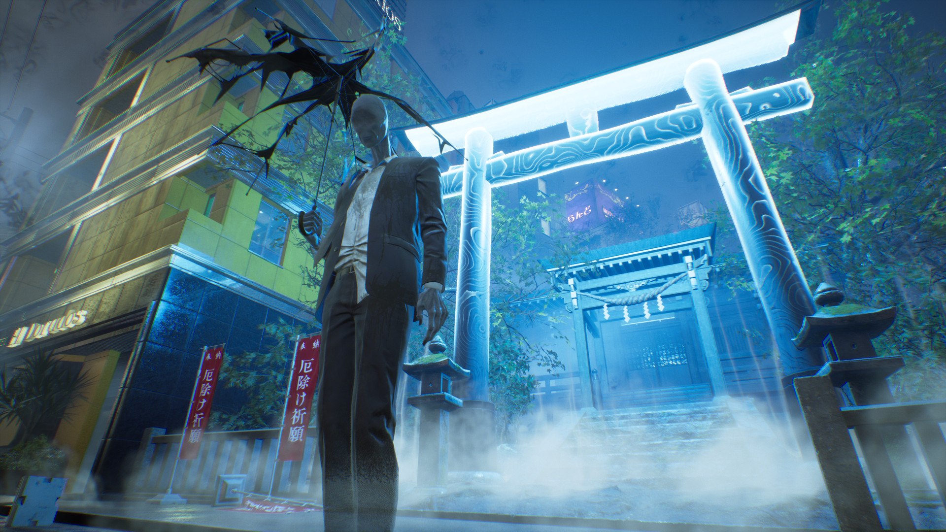 An eerie, tall male enemy wearing a suit holding a ragged umbrella looks down at the camera, standing in front of a glowing blue spectral Japanese Torii gate