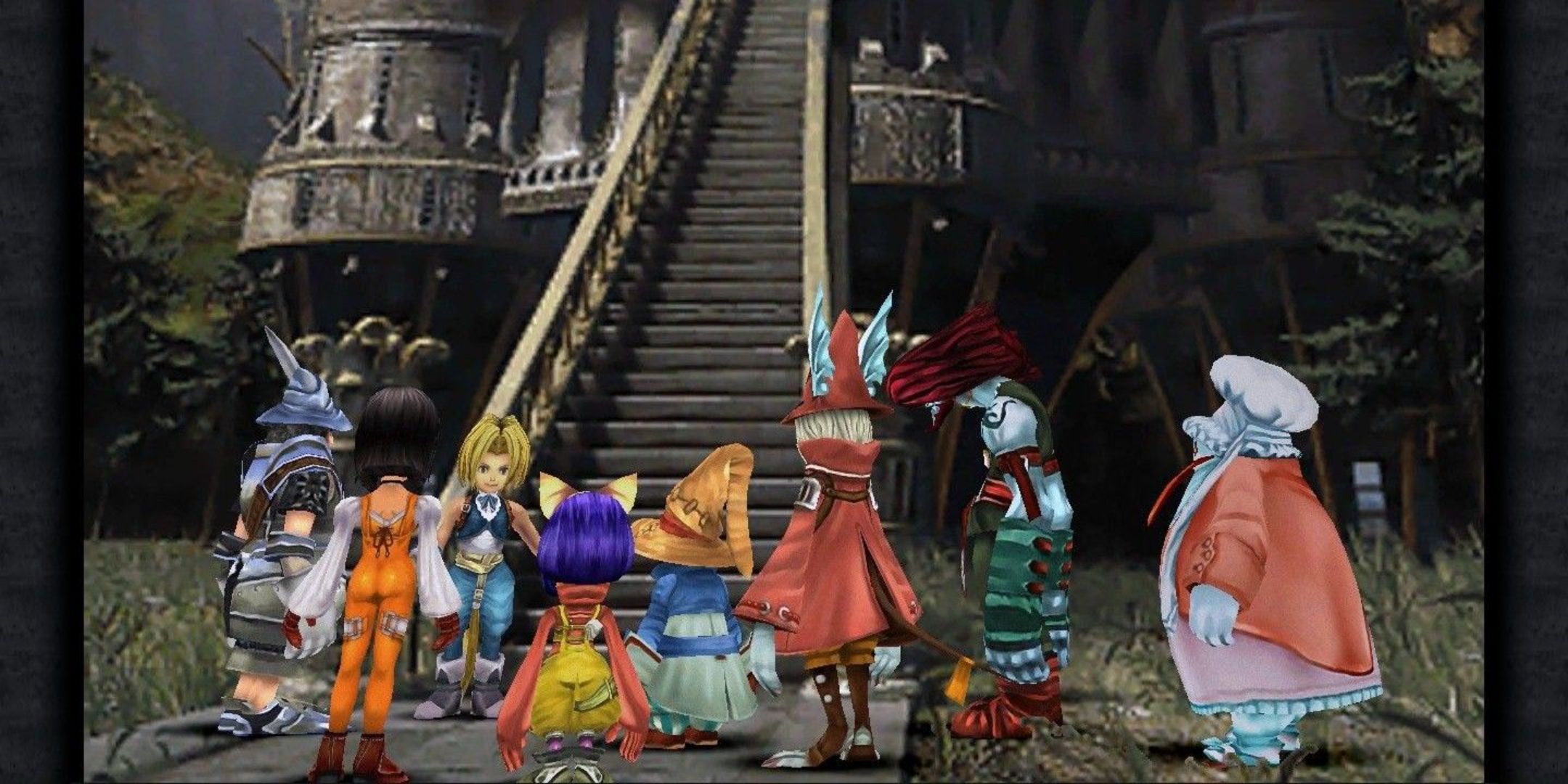 the full party in Final Fantasy 9 gathered at the bottom of a staircase.