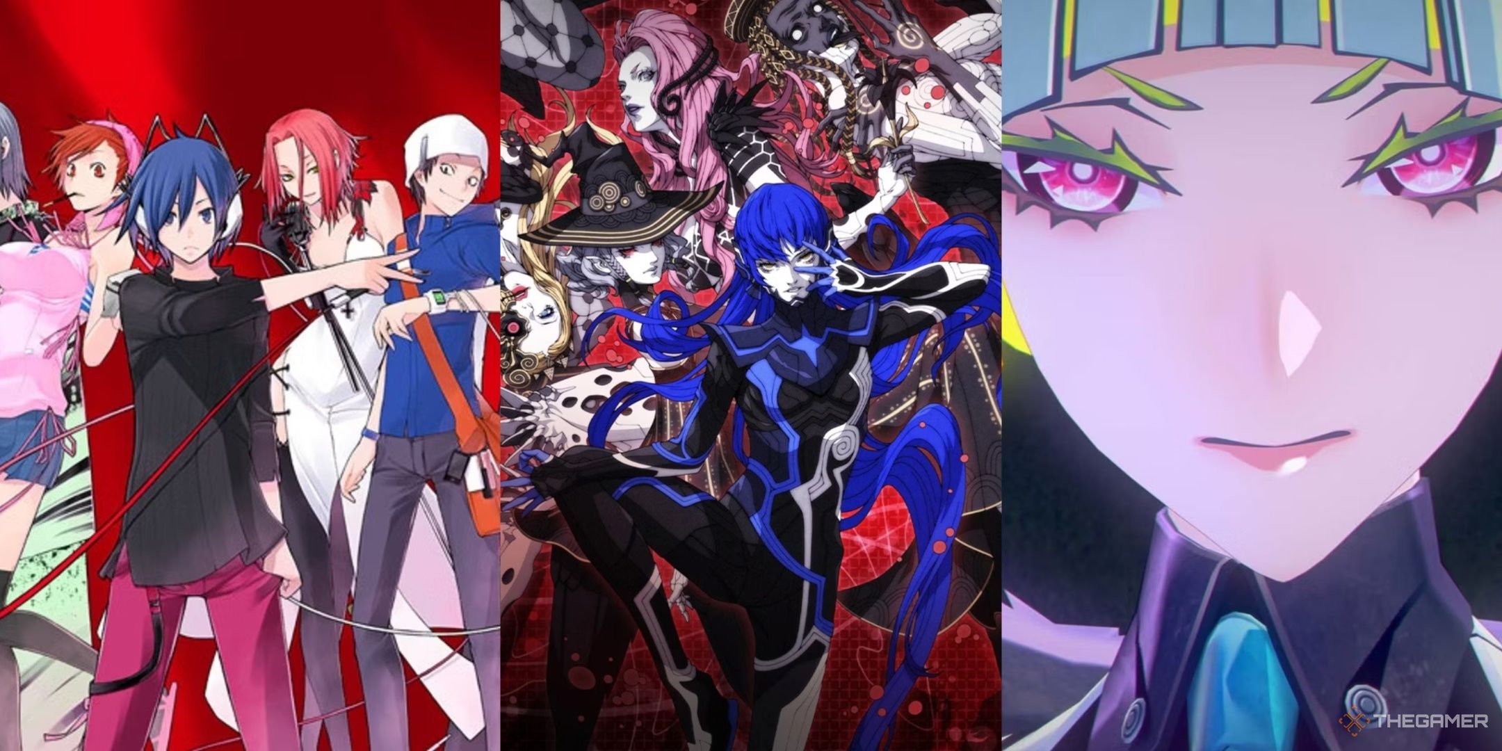 Many characters on the cover of Devil Survivor, Nahobino alongside demons in Shin Megami Tensei 5, and the main character of Soul Hackers 2, left to right.