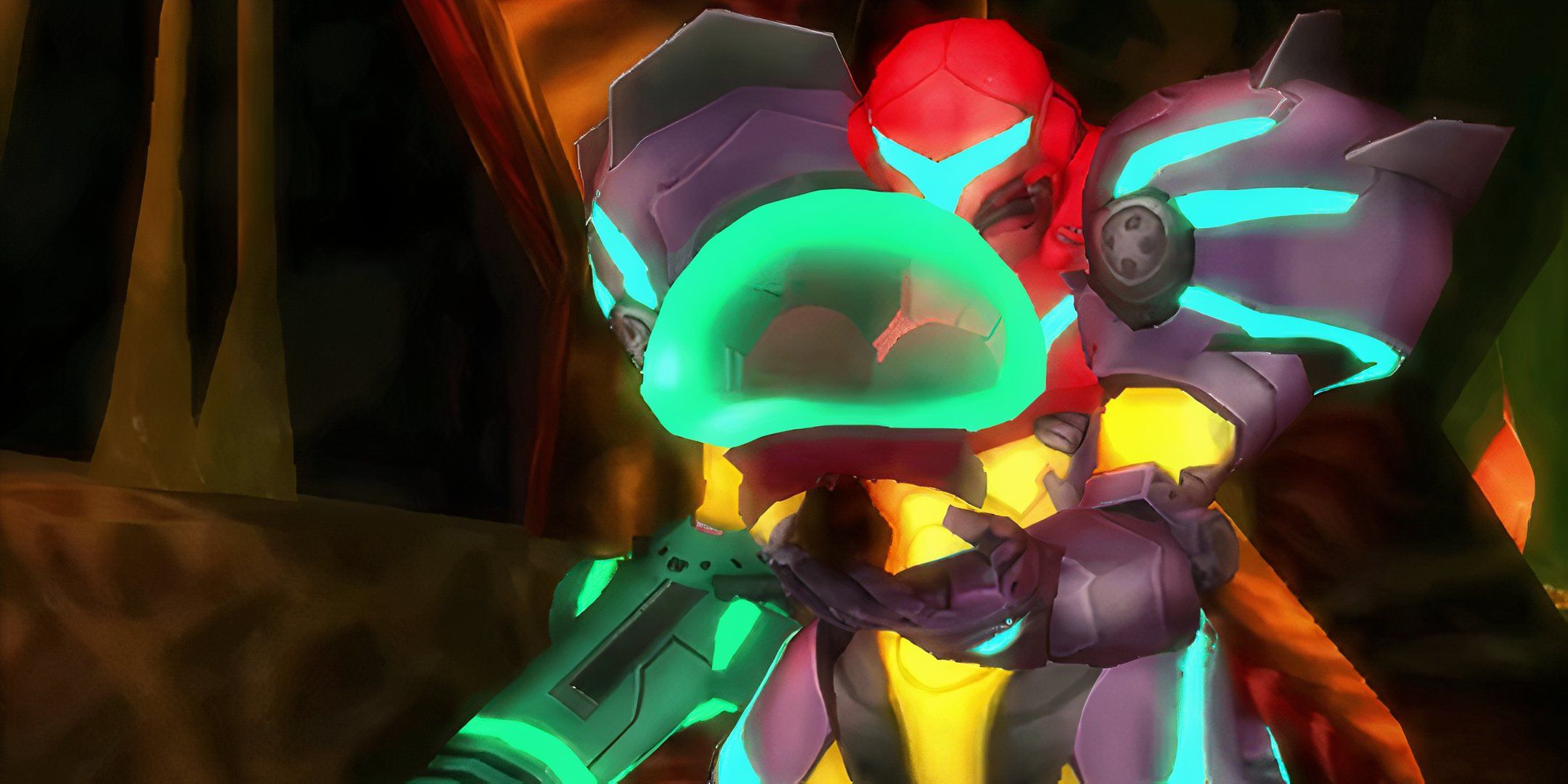 Samus and the Baby Metroid after it imprints on her in Metroid: Samus Returns.