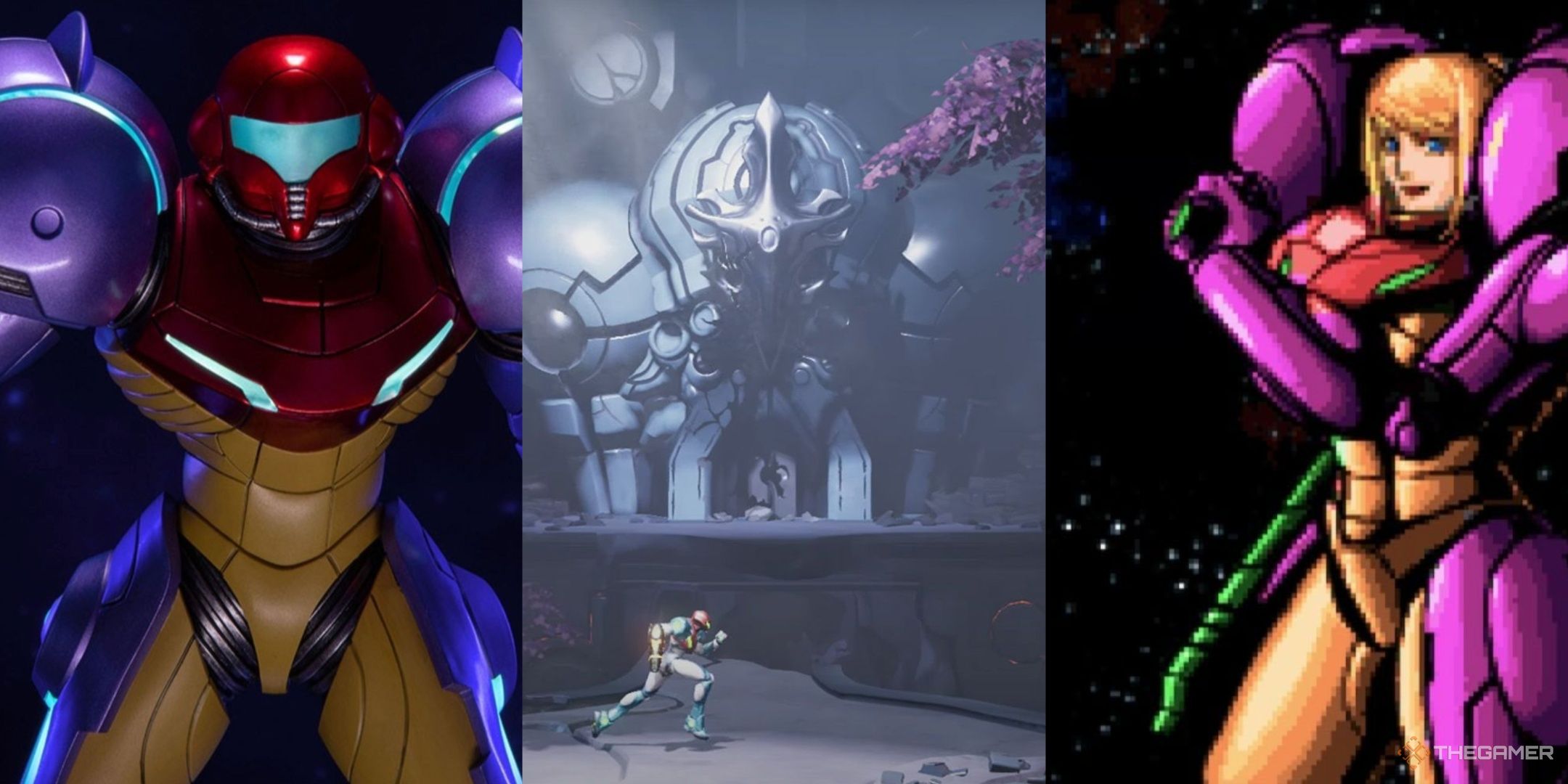 Samus in the Gravity suit in a 3D model, Samus running in Metroid Dread, and a sprite of Samus in the Gravity suit, left to right.