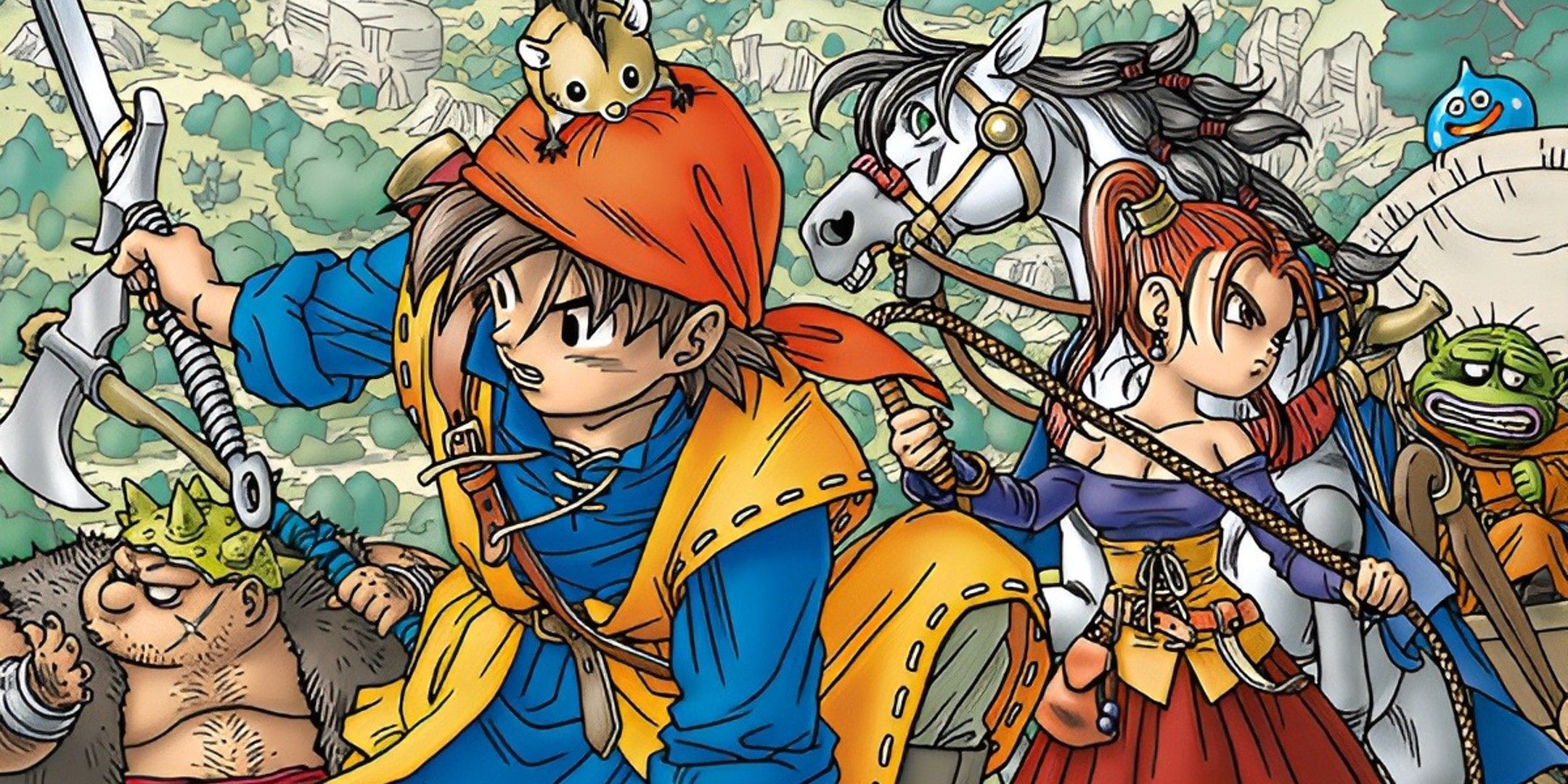 The main characters of Dragon Quest 8 climbing a mountain.