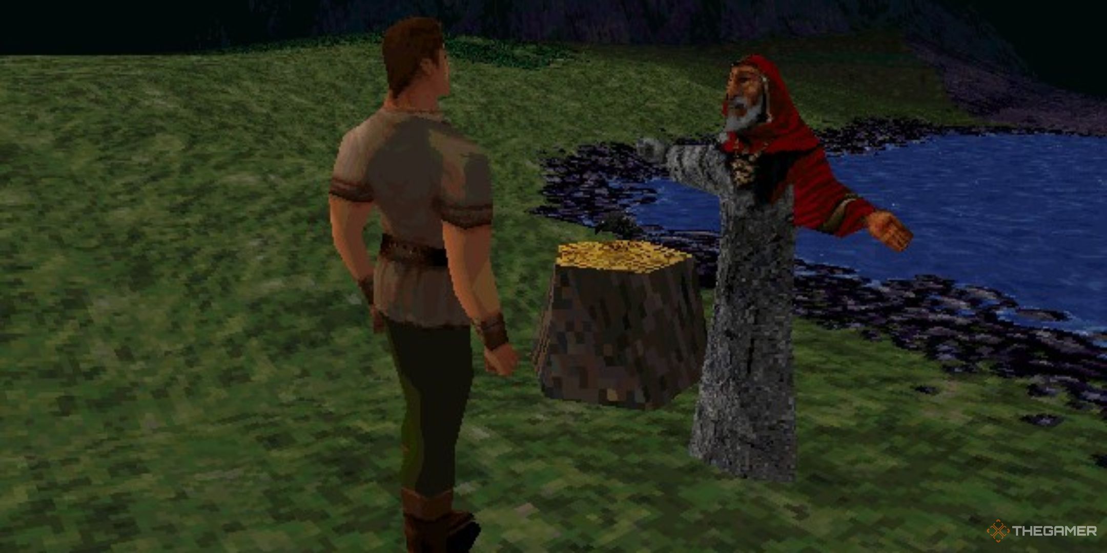 Connor speaks to the semi-petrified Wizard in King's Quest: Mask of Eternity.