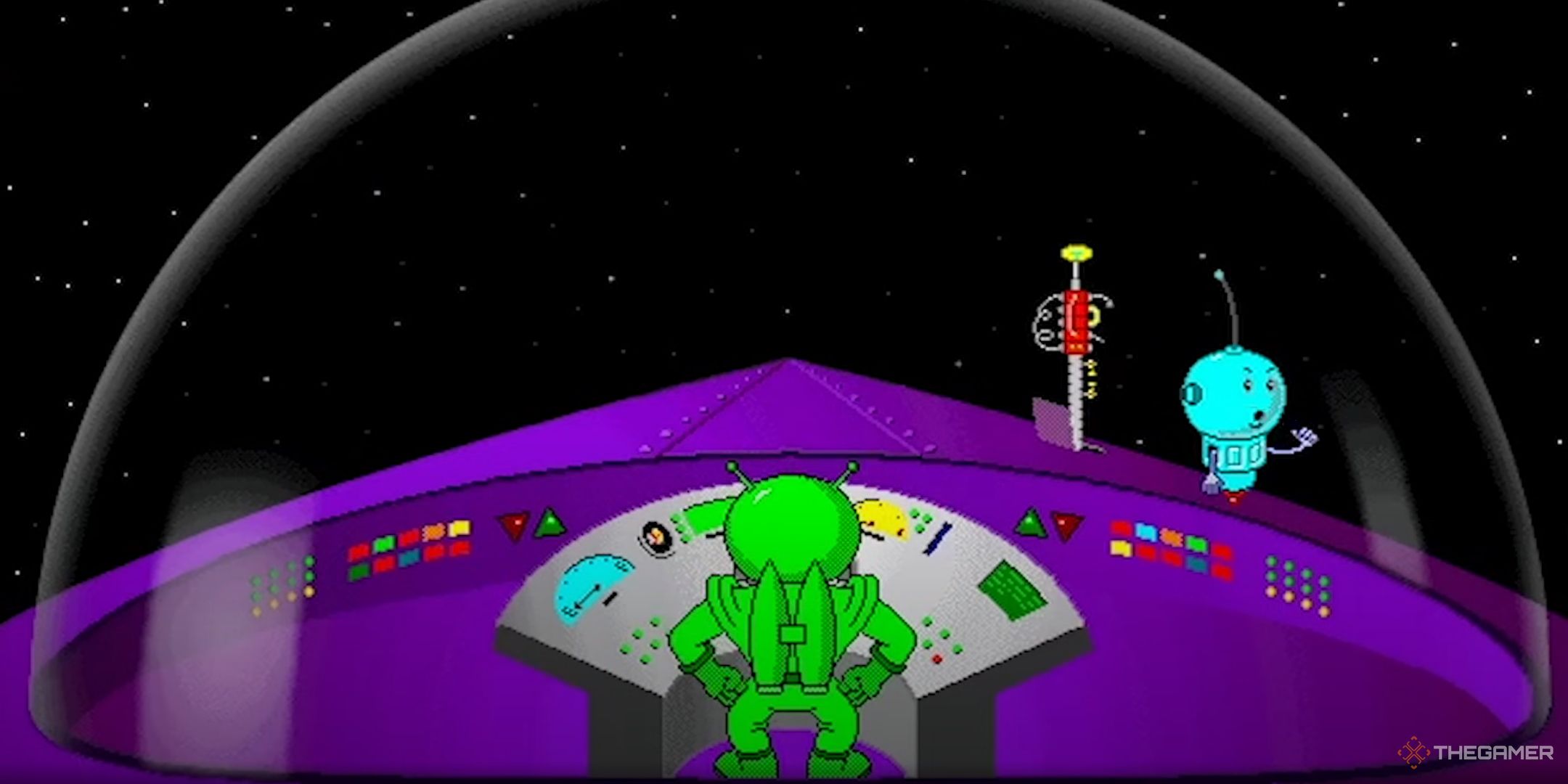 The Mathblaster alien standing in their spaceship.