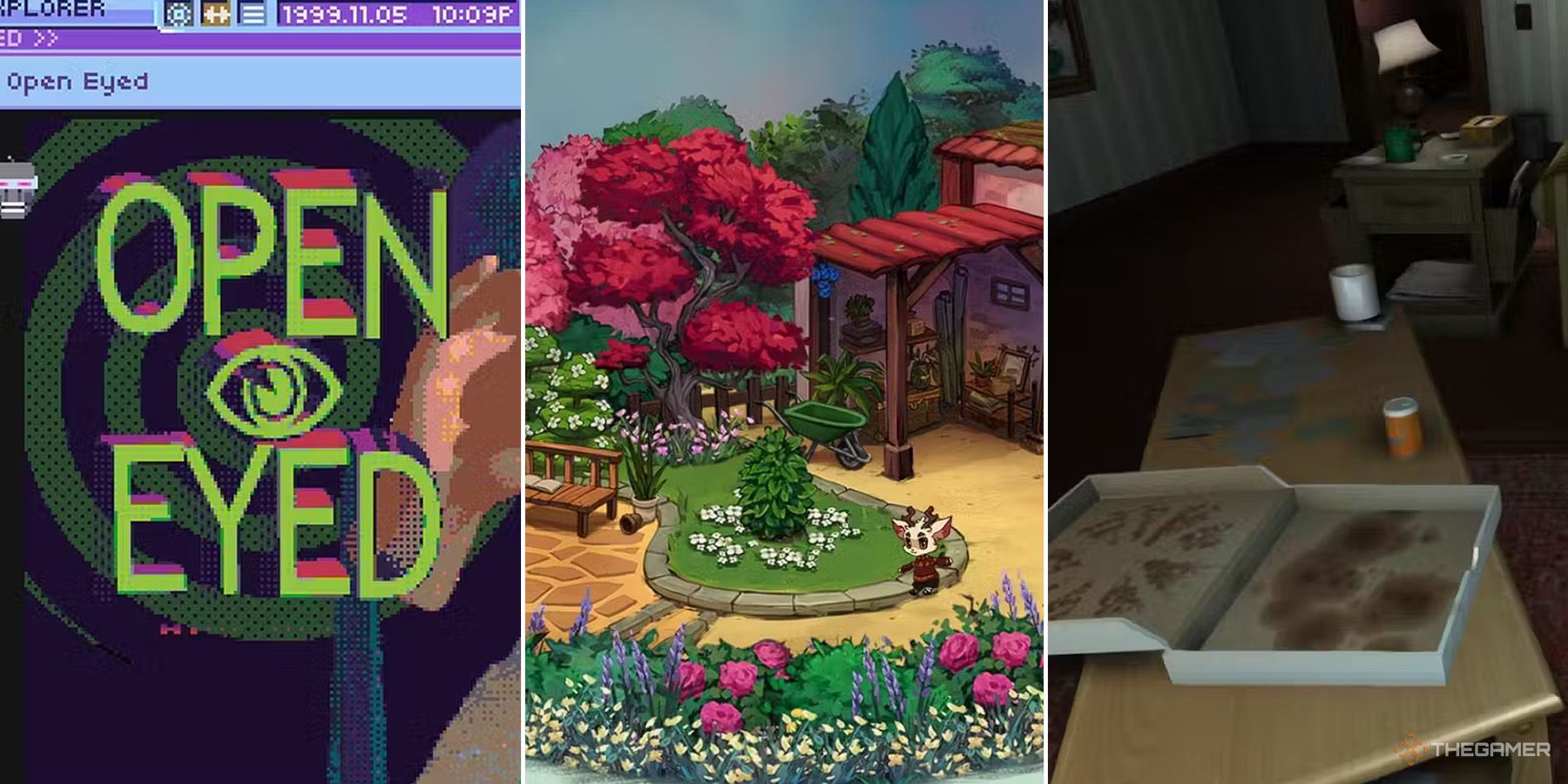 Three point-and-click games shown from left to right: Hypnospace Outlaw, Beacon Pines, and Gone Home.