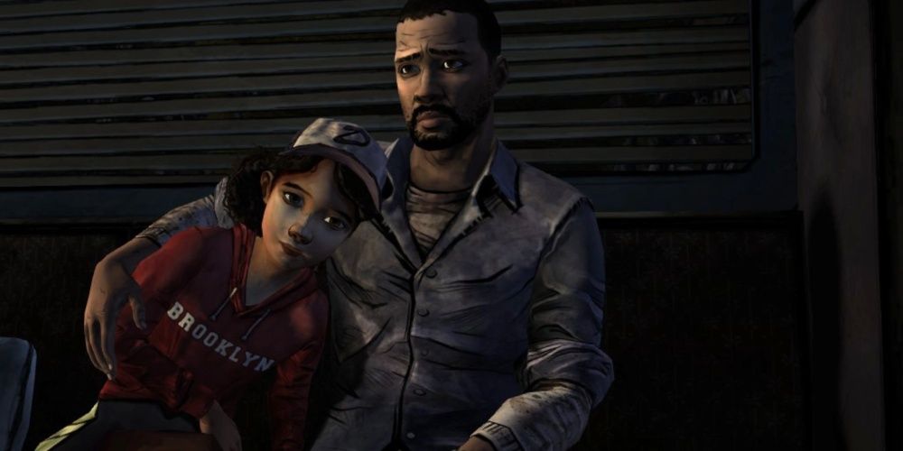 Telltale Walking Dead Lee and Clementine together in a vehicle.