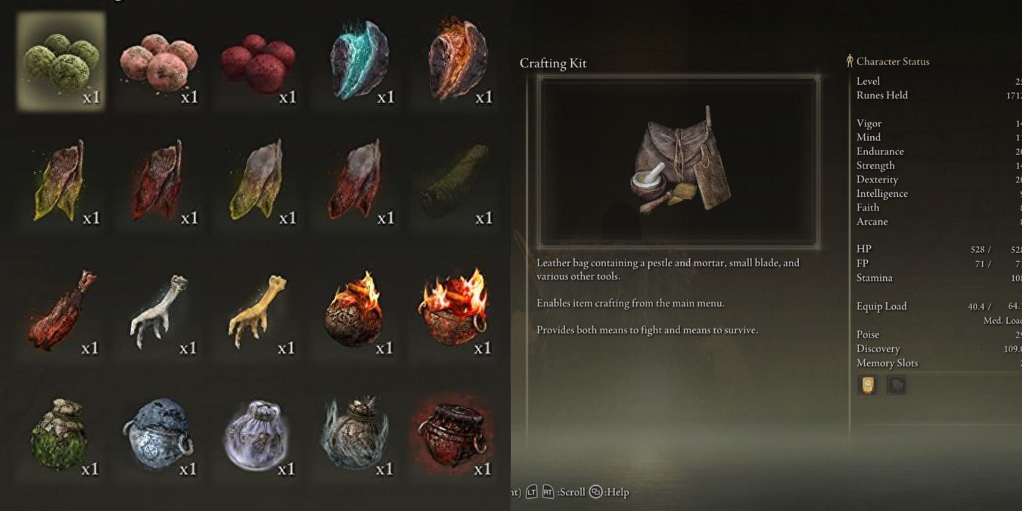 Crafting Kit and Various Craftable Items from Elden Ring.