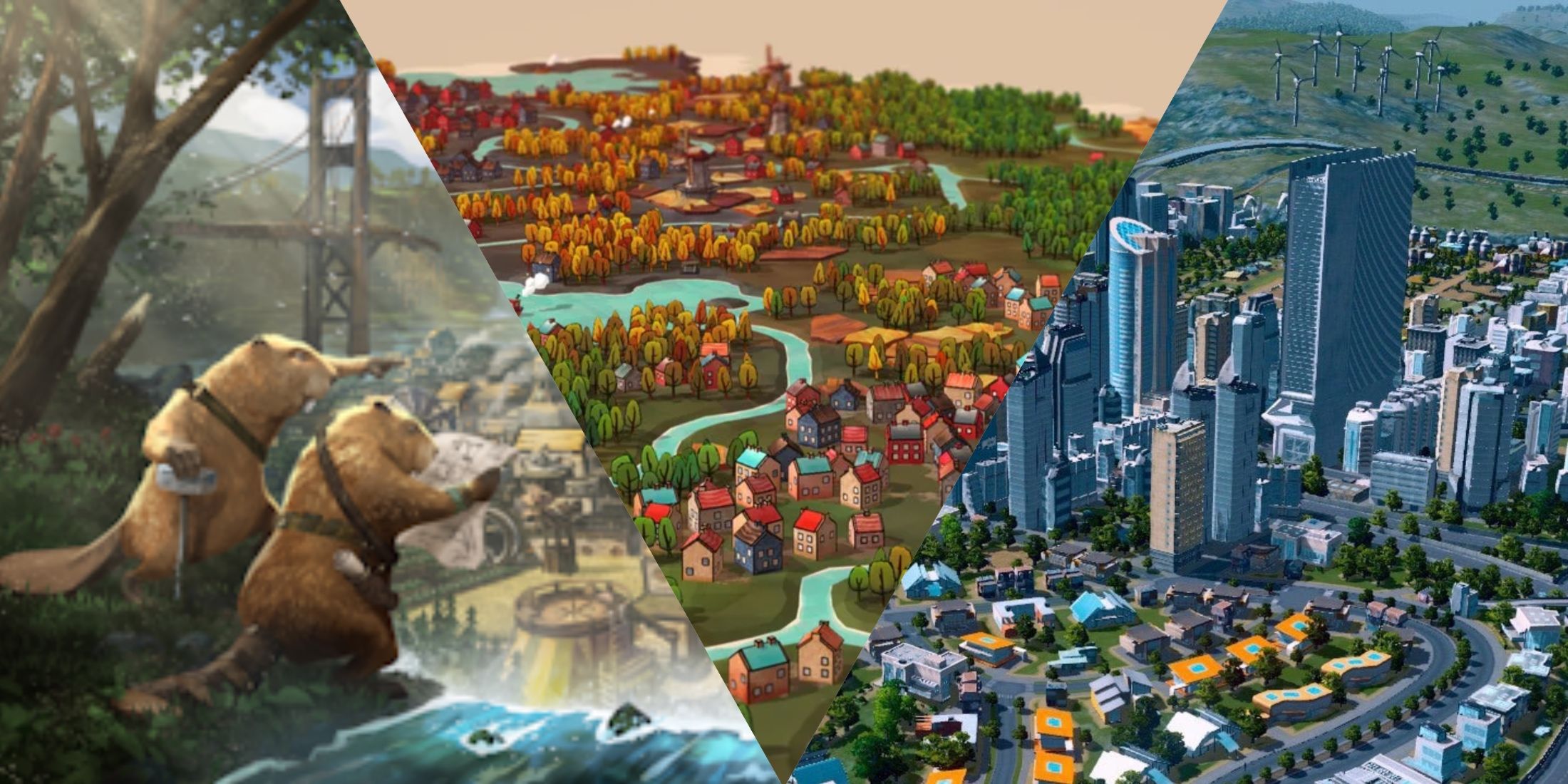 Scenes from Timberborn, Dorfromantik and Cities Skylines