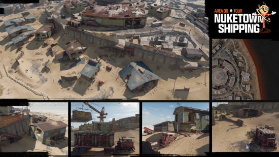 A five image overview of Nuketown Shipping, one of the Warzone Area 99 map POIs.