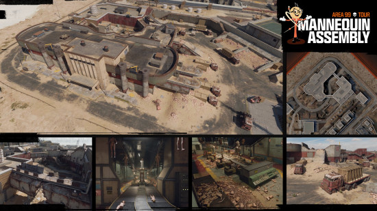 A five image overview of Mannequin Assembly, one of the Warzone Area 99 map POIs.