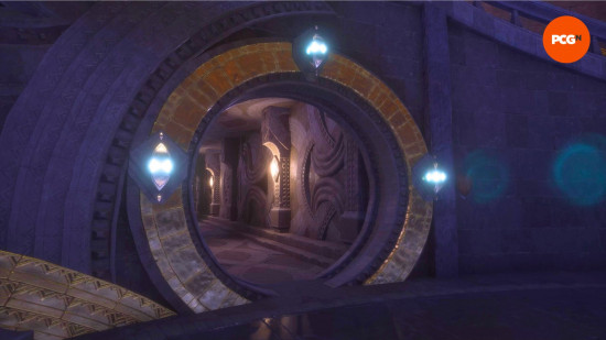 Dragon Age Veilguard Lighthouse puzzle: a circular doorway surrounded by glowing crystals.