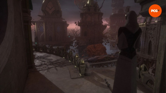 Dragon Age Veilguard Lighthouse puzzle: two statues facing each other across a courtyard.