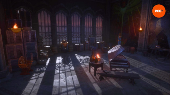 Dragon Age Veilguard Lighthouse puzzle: a dimly lit room with a piano and various other musical instruments.