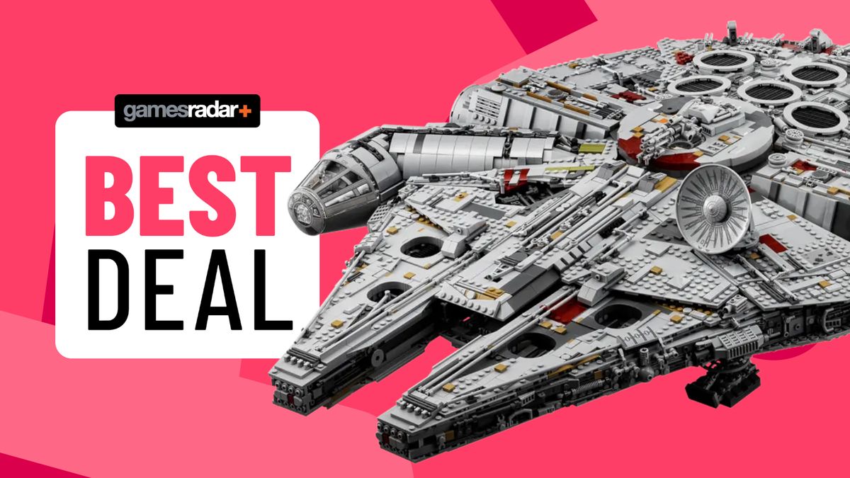 Lego UCS Millennium Falcon model beside a 'best deal' badge, all against a pink background