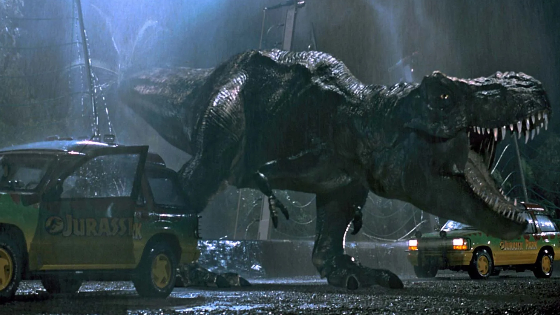 A T-Rex roaring in the rain at night during the movie Jurassic Park.