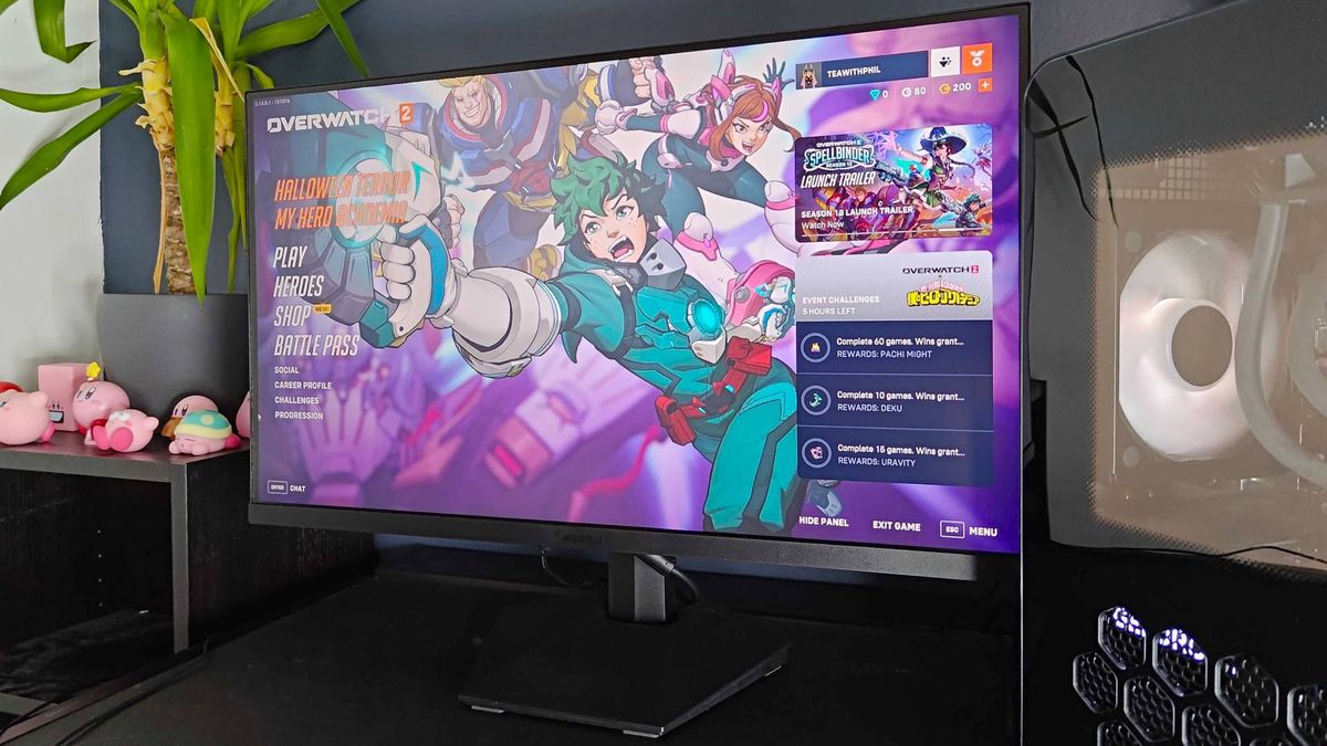 KOORUI gaming monitor with Overwatch 2 title screen