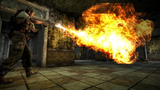 A man with a flamethrower, showcasing the Essential Visual Enhancement, one of the best Fallout New Vegas mods.