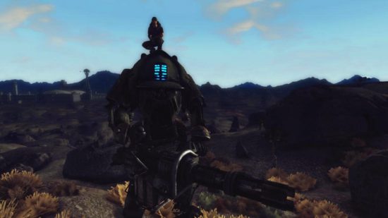 Fallout New Vegas mods: a man standing on top of a giant robot in the TitanFallout mod.