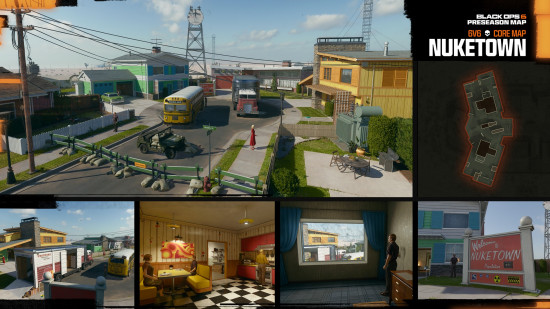 Various shots of the original Nuketown map as it returns in Black Ops 6.