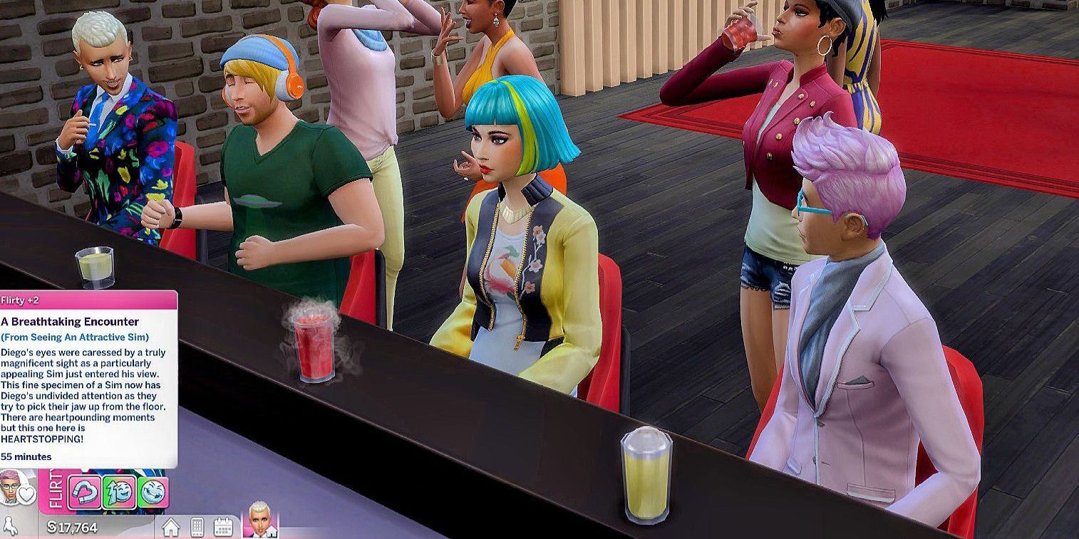 The Sims 4: Lounge in Del Sol Valley, Diego looking at Vanessa with attraction moodlet 