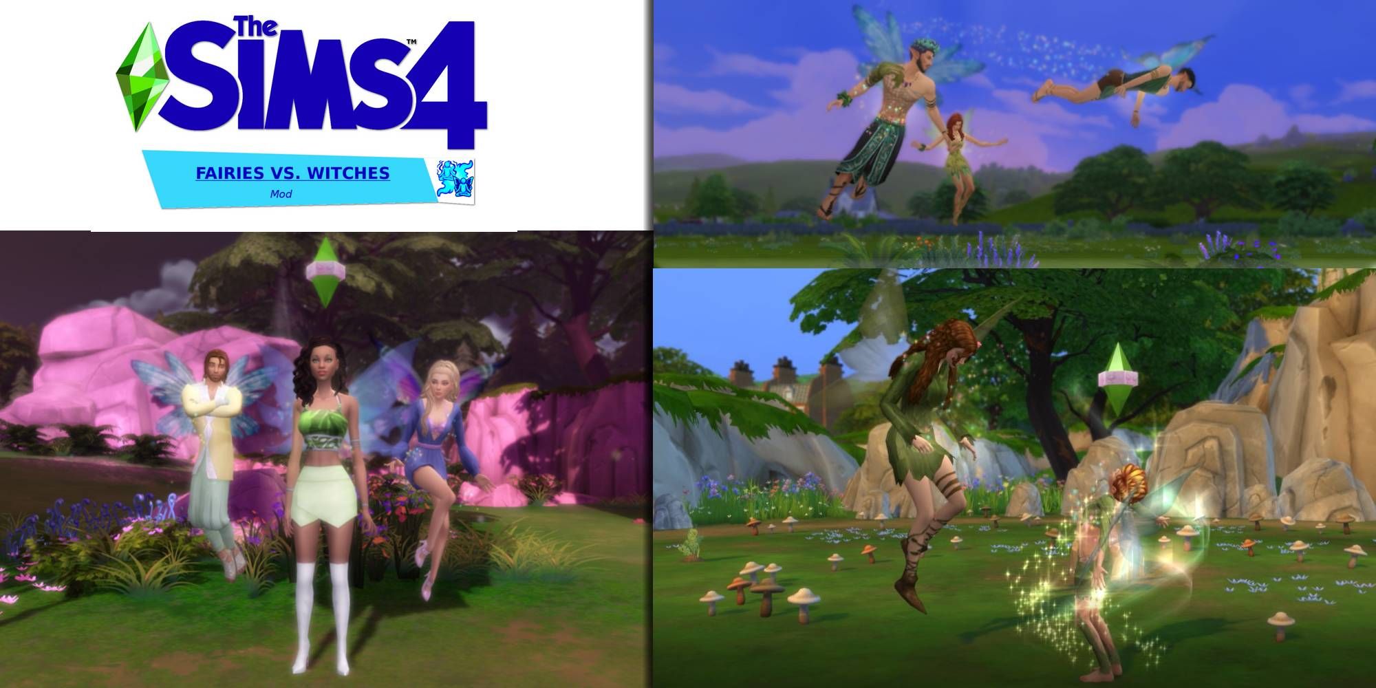 Compilation of screenshots from The Sims 4 showing fairies from the Fairies vs Witches mod