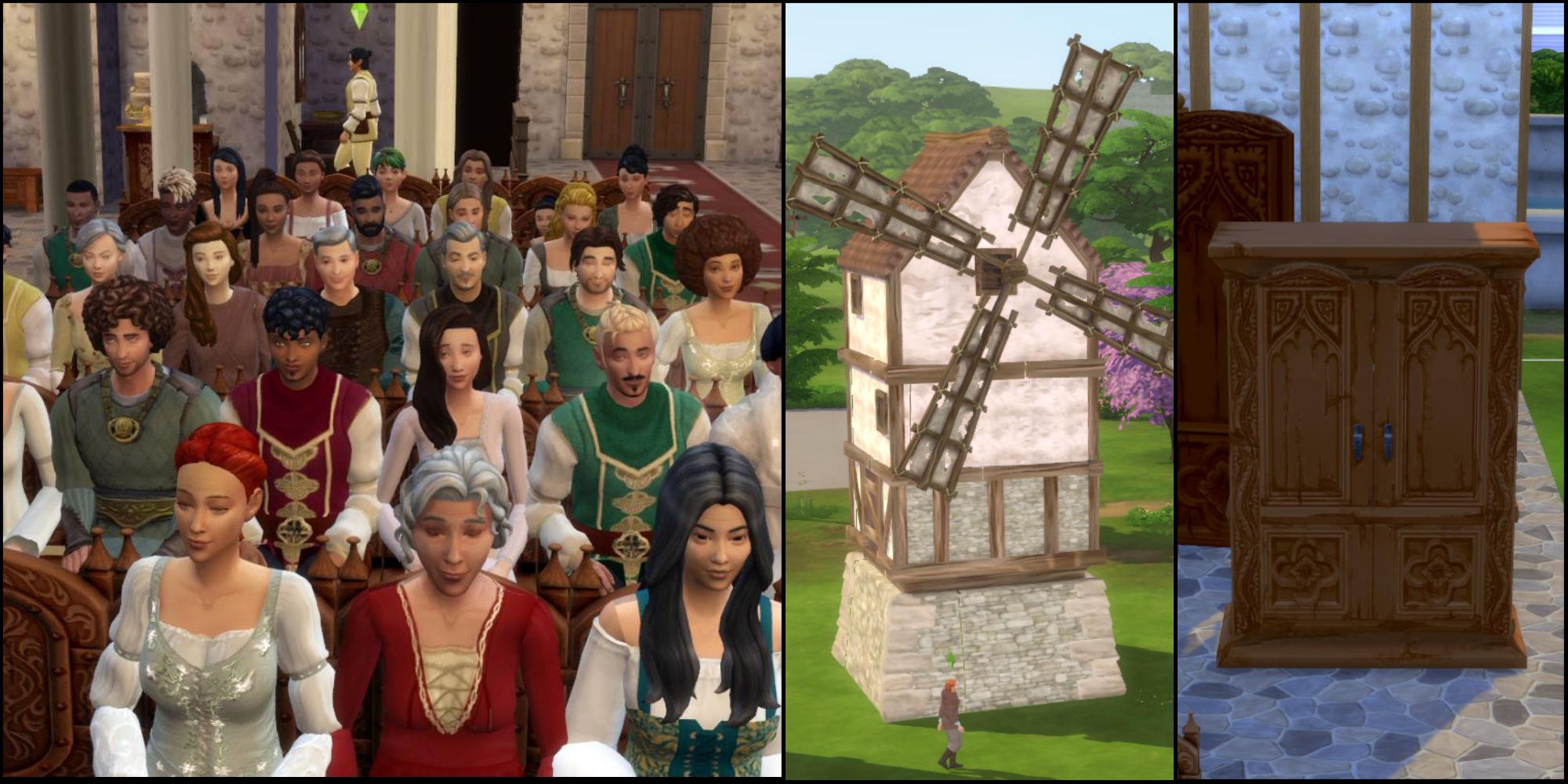 Medieval sims, a windmill, and medieval style armoire made by the modder Simverses for The Sims 4