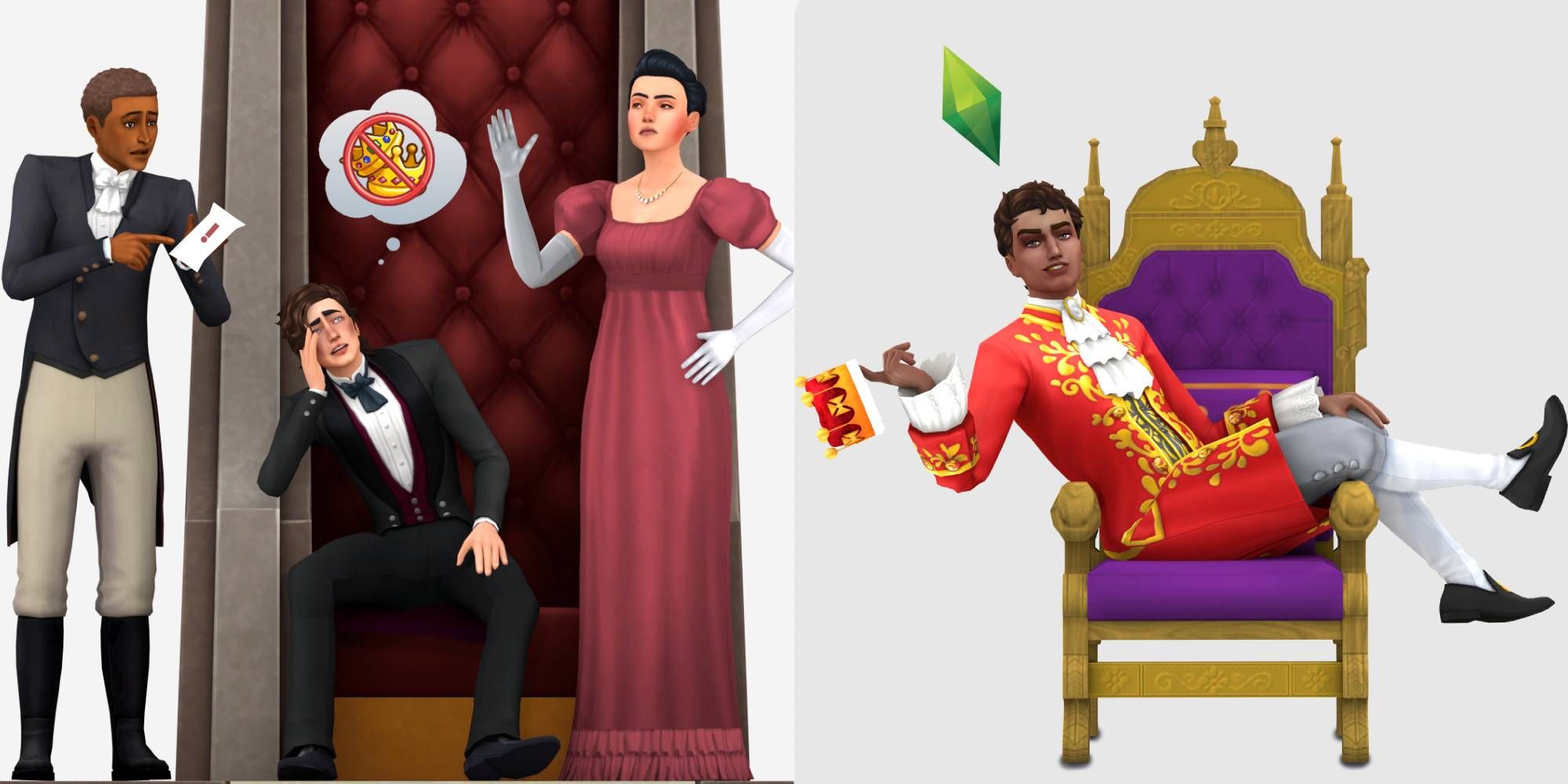 Two monarchs as part of The Sims 4 Royalty Mod sitting on their thrones