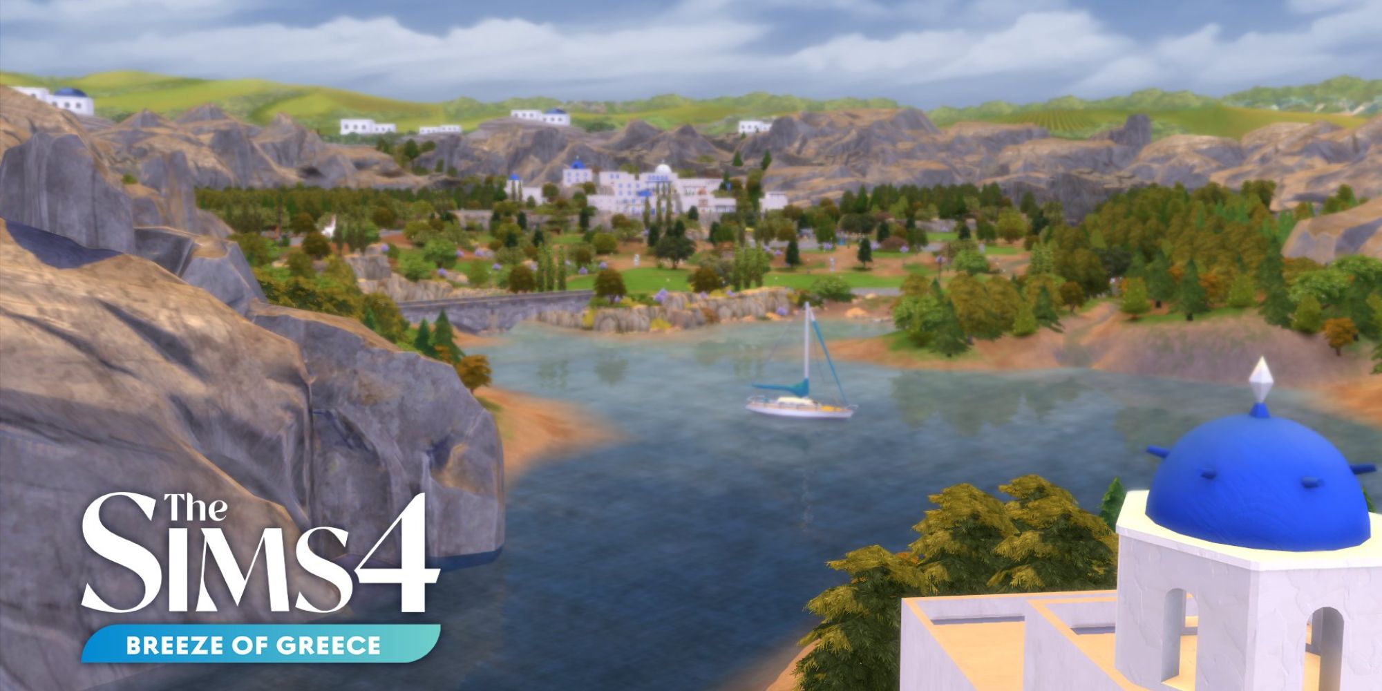 Sims 4 Breeze of Greece mod screenshot showing the mod title and views of Simtorini