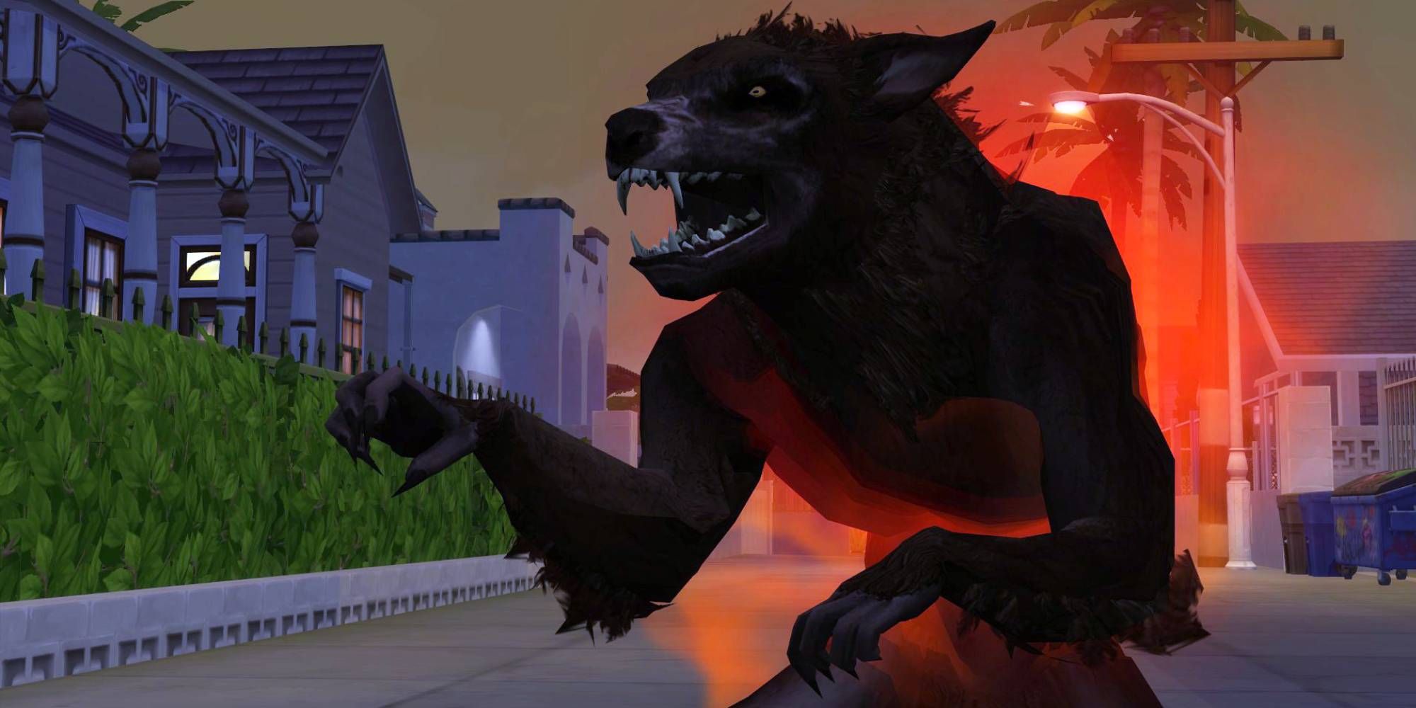 A werewolf in The Sims 4 snarling as part of the Werewolves mod