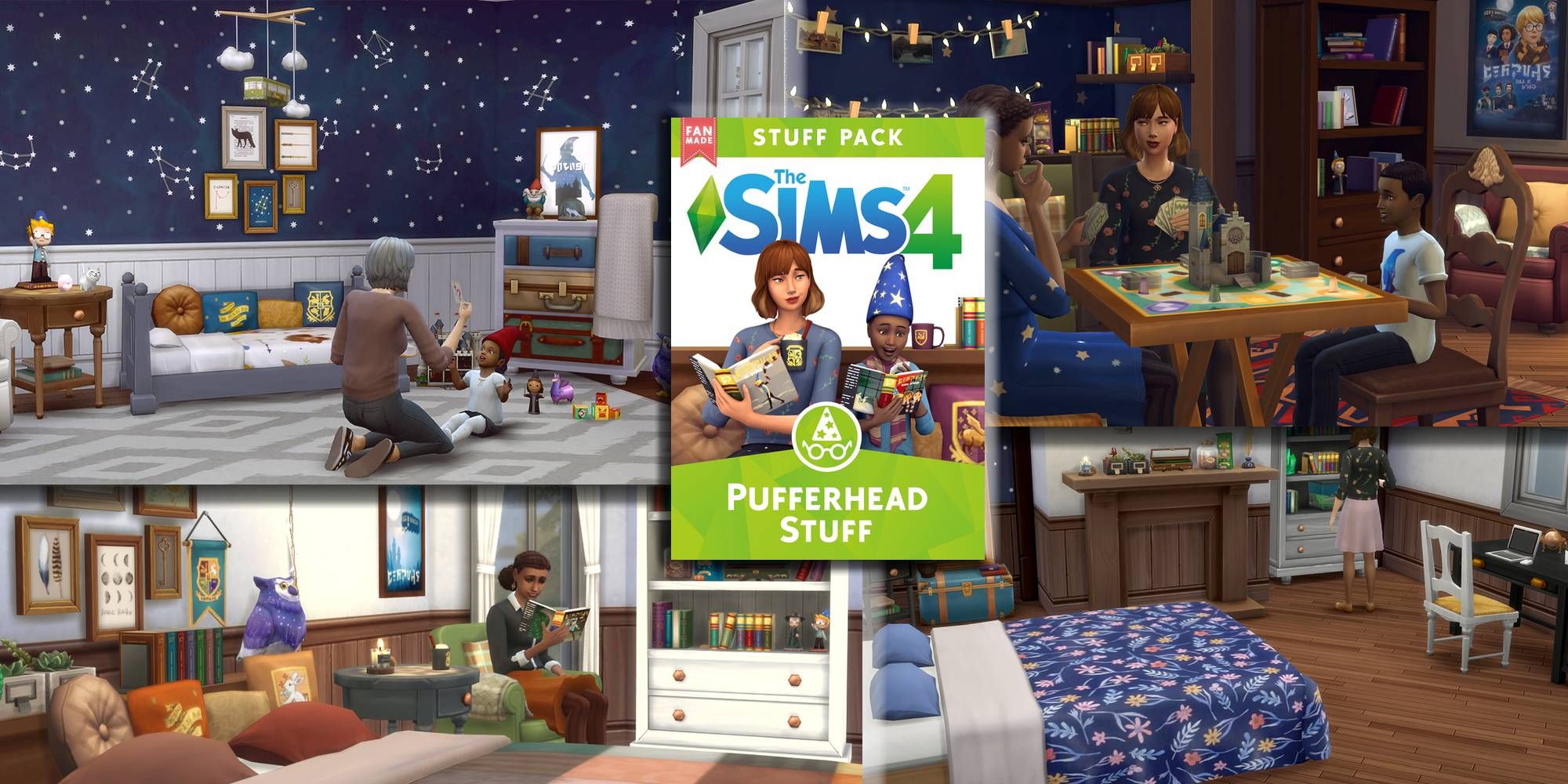 Collage featuring The Sims 4 Pufferhead Stuff pack images that include the Sims using their merch