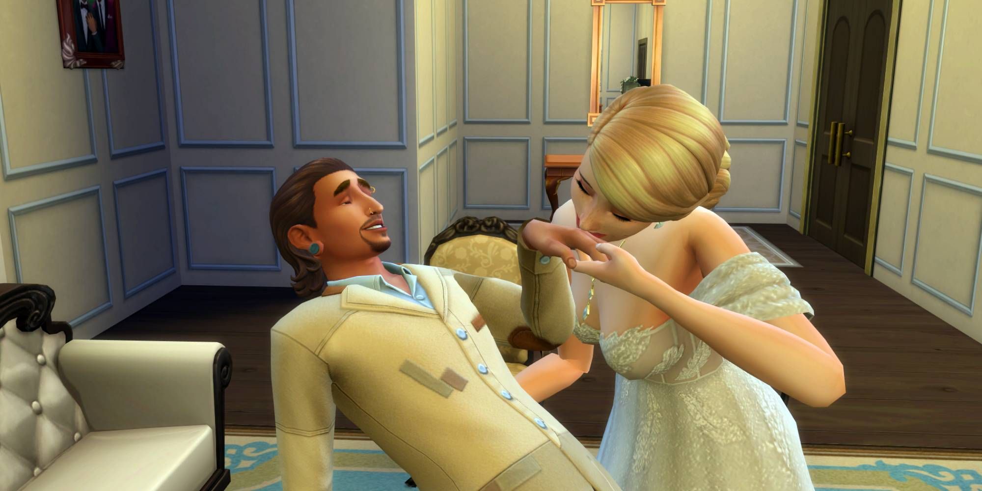 Just married Sims in The Sims 4 with the bride kissing her groom's hand