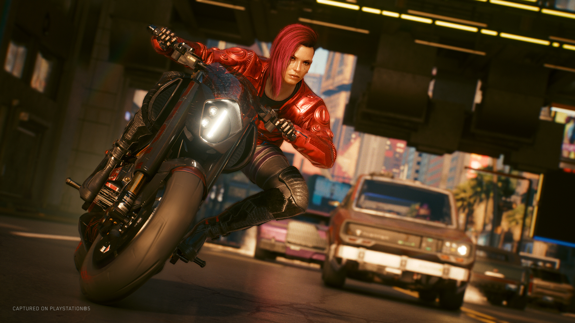 Cyberpunk 2077 screenshot of V on a motorcycle