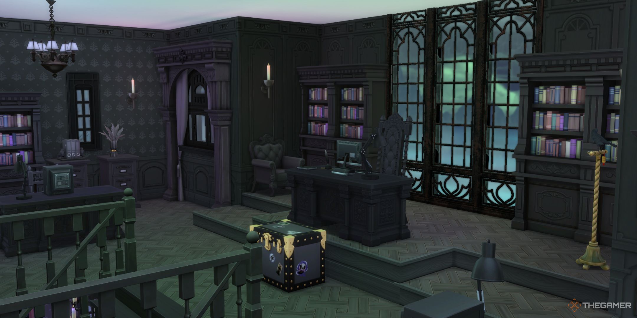 The Sims 4 Life and Death Grims office in headless quarters with a desk and chest.