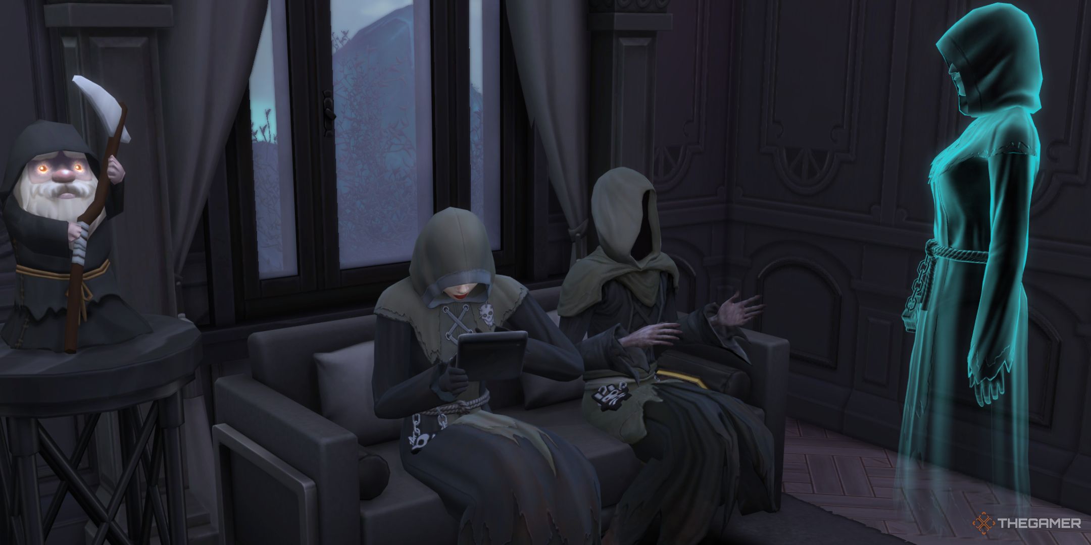 The Sims 4 life and death grim chatting to a ghost employee while a sim calibrates his slablet