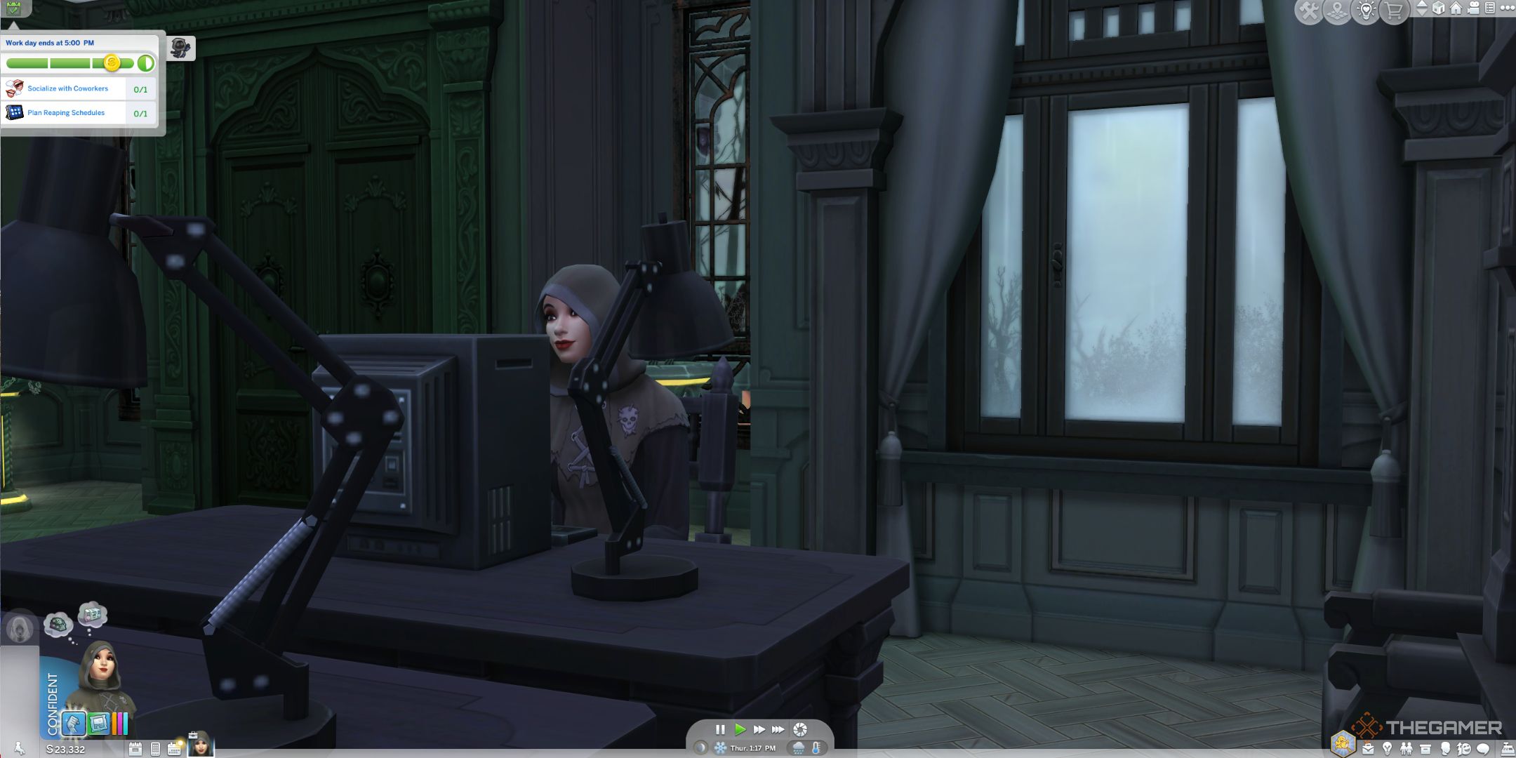 The Sims 4 life and death sim using pc in reaper career.