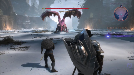 Rook fighting Mythal's Retribution, a huge dragon, in Dragon Age: The Veilguard.