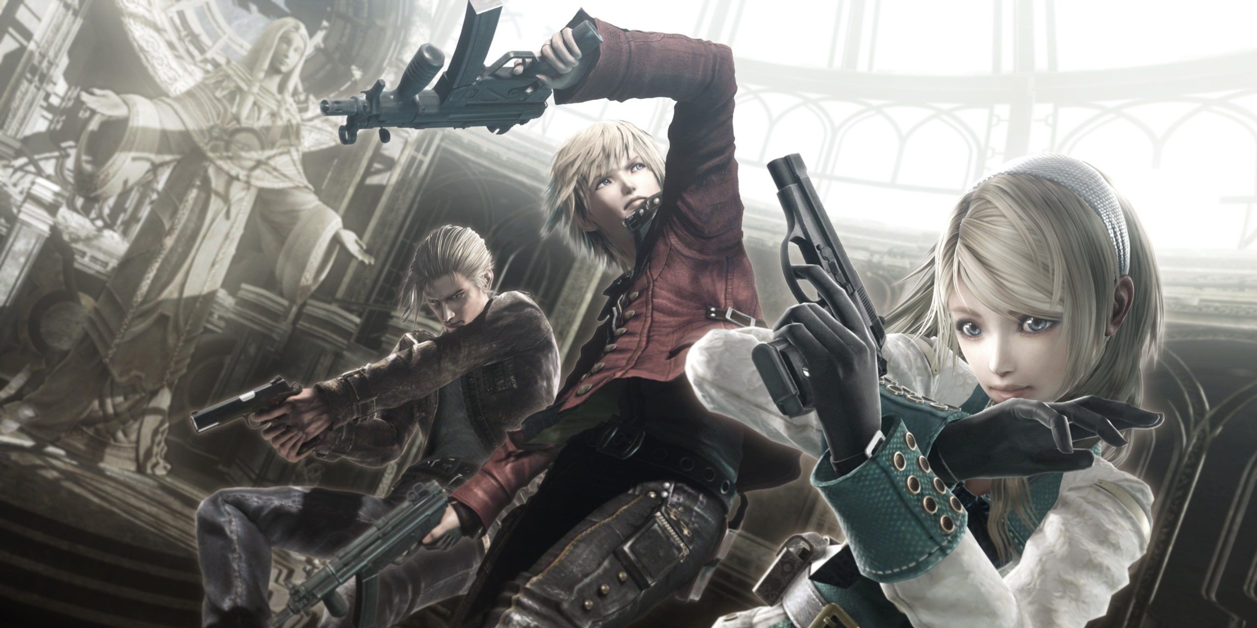 Resonance of Fate characters together wielding guns.