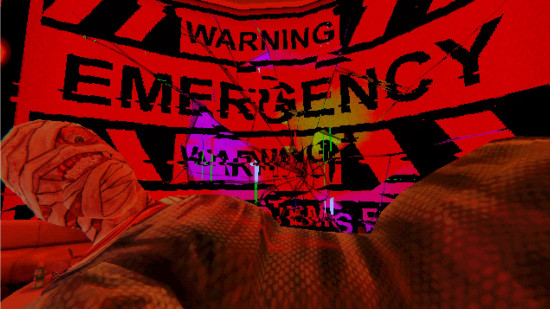 A bandaged body lies in front of bright red signs that read 