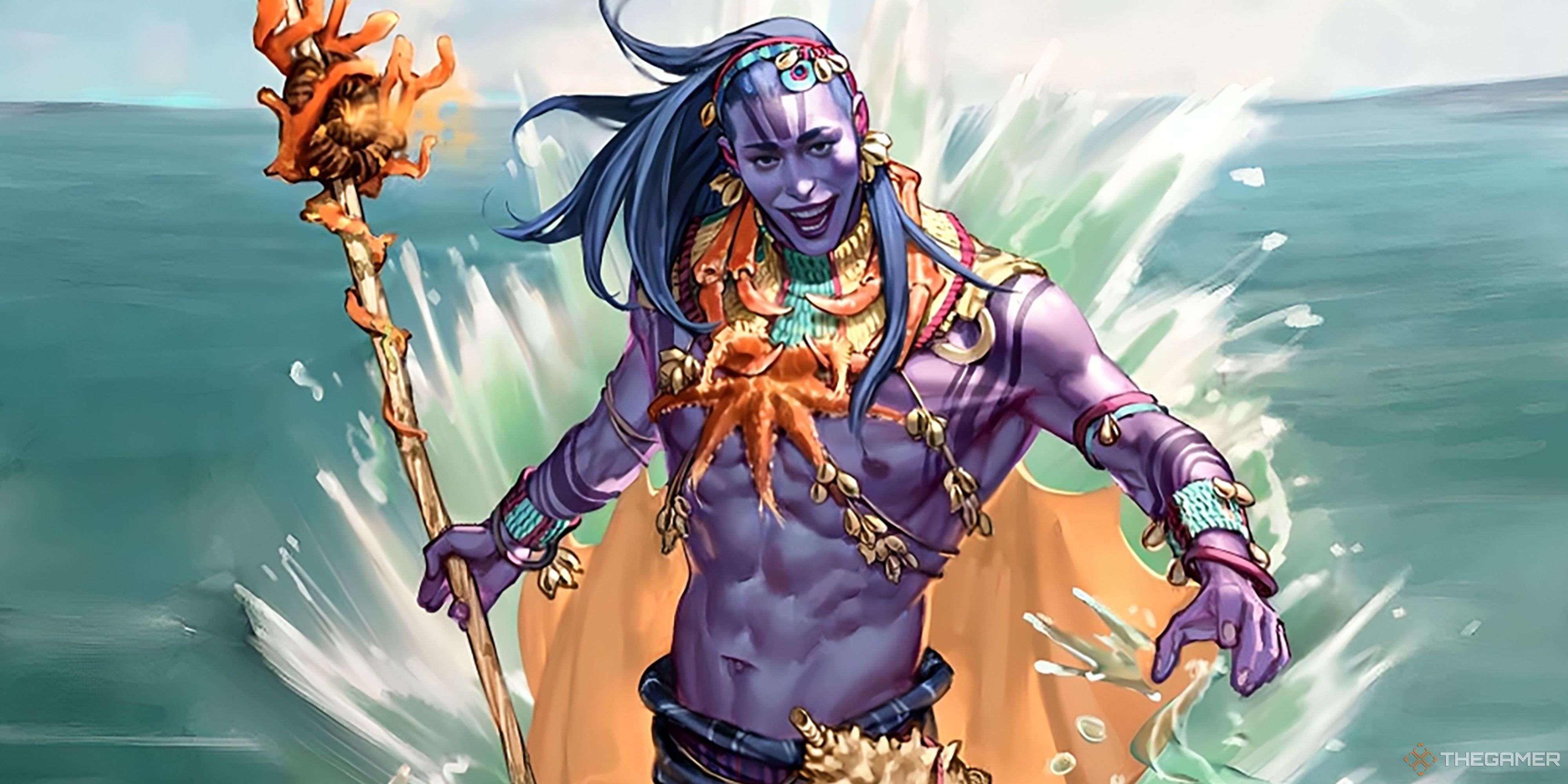 A sea druid standing and grinning with the waves crashing behind him in D&D art.