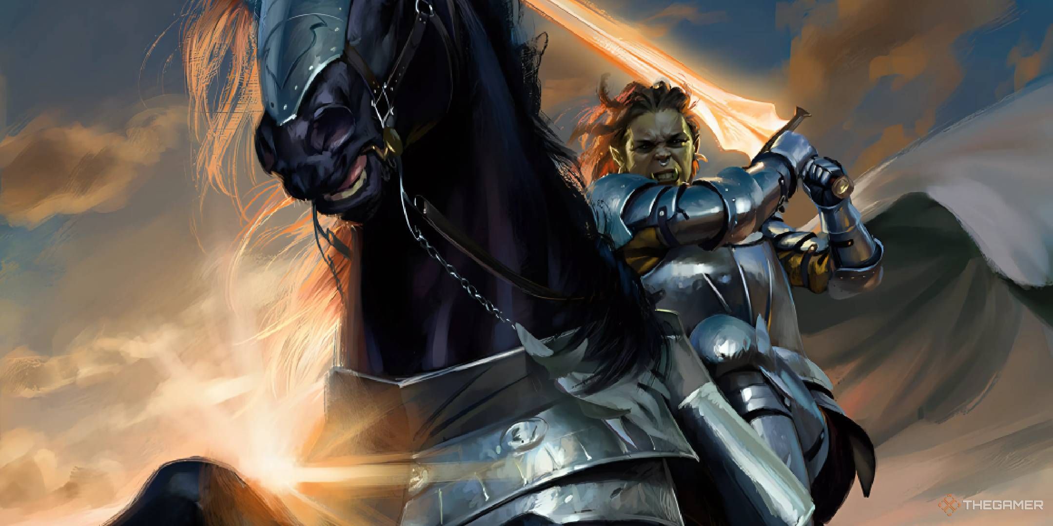 An Orc Paladin attacks from atop her warhorse.