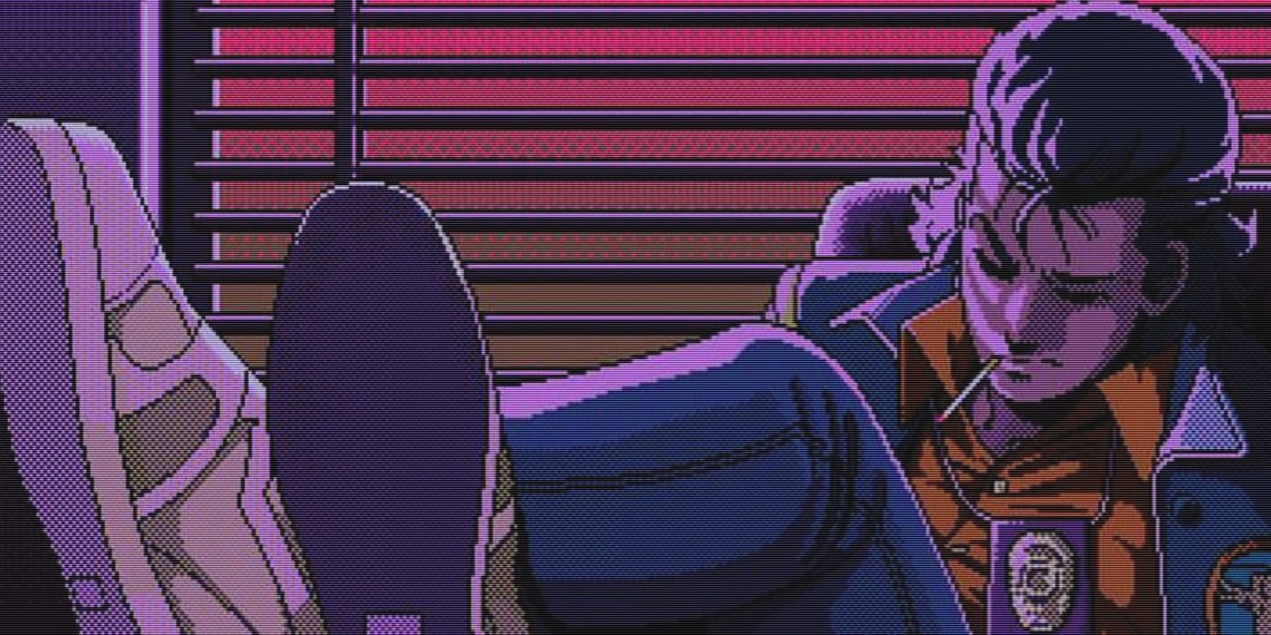 a police character from policenauts with his feet up on a desk.