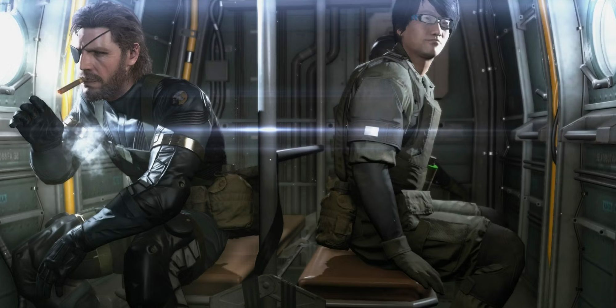 Naked Snake smoking a cigar and Hideo Kojima's operative character in the helicopter back-to-back.