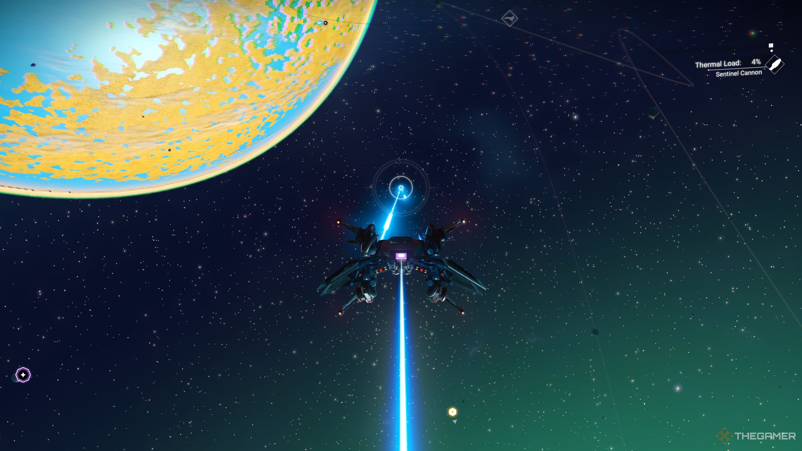 Image of No Man's Sky Sentinel Interceptor firing the Sentinel Cannon