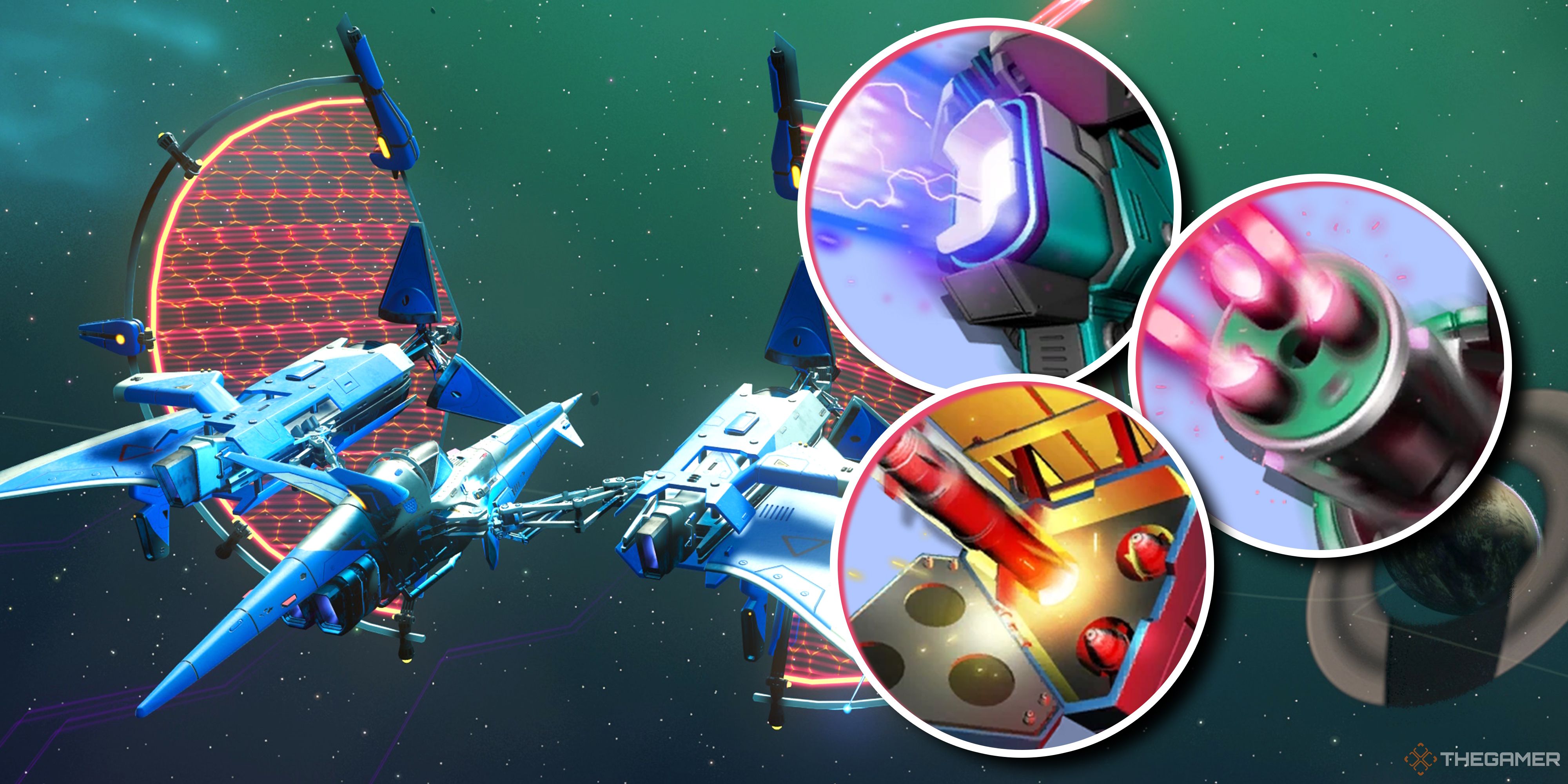 Cover Image of No Man's Sky Ranking Every Ship Weapon, featuring a starship firing and several weapon icons.