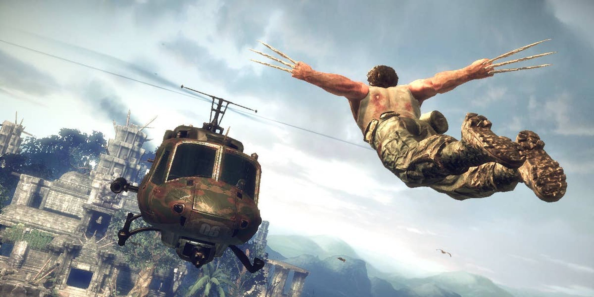 Screenshot of Logan leaping at a helicopter in X-Men Origins Wolverine Uncaged