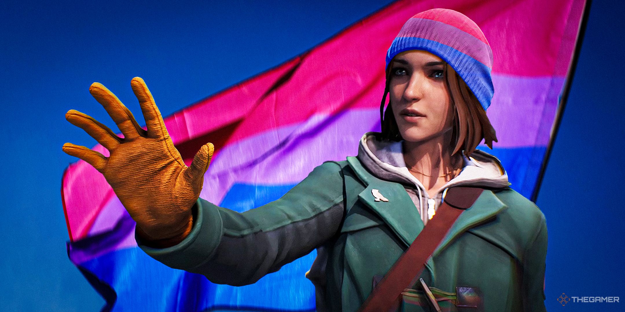 Max Caulfield raising her hand in front of a bisexual flag, while wearing a bisexual beanie.