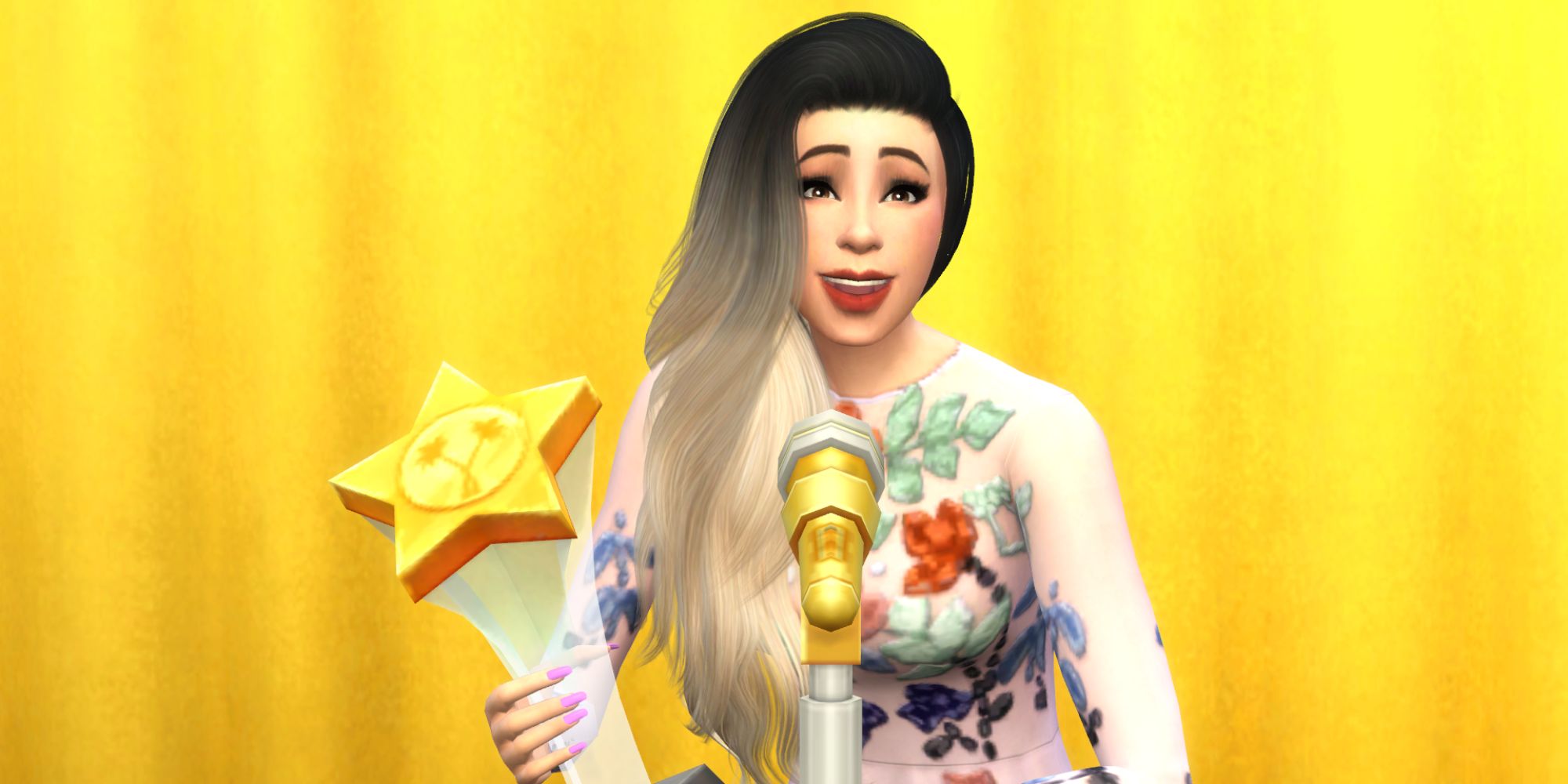 An actress Sim poses in front of her starlight accolade award for Best Actor in The Sims 4