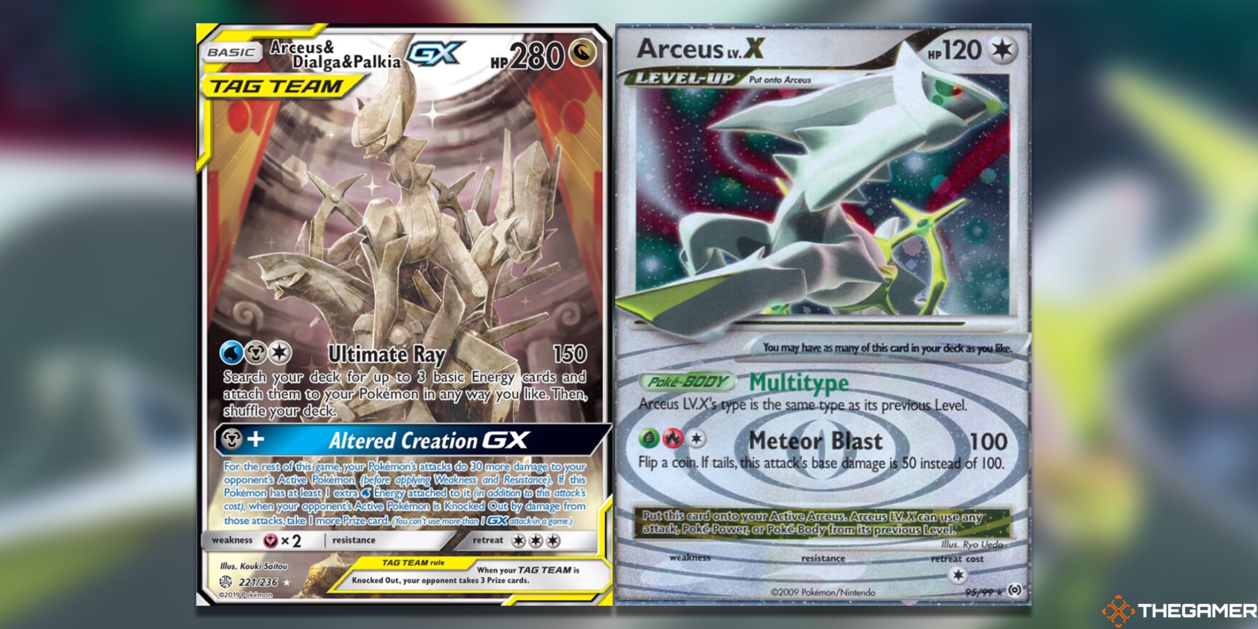 The Arceus & Dialga & Palkia GX from Cosmic Eclipse and the Arceus LV. X (95) from Platinum: Arceus in the Pokemon TCG.